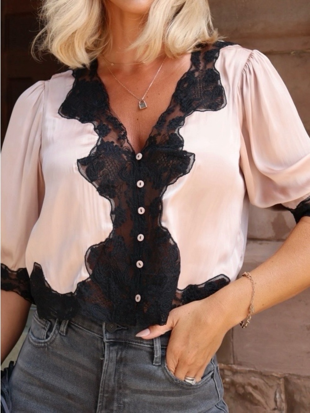 lovestitch Blush Pink Button-Front Blouse with Black Lace Trim